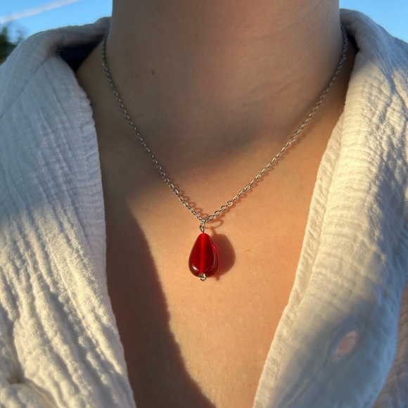 Handmade Jewelry - Red Teardrop Necklace with Silver Chain